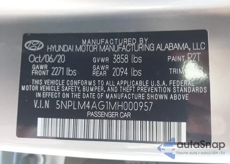 2021 Hyundai Elantra Sel z USA, uszkodzony, nr VIN 5NPLM4AG1MH000957